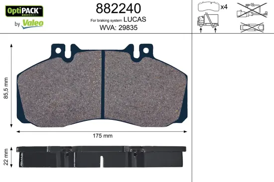Bremsbelagsatz, Scheibenbremse Vorderachse Hinterachse VALEO 882240 Bild Bremsbelagsatz, Scheibenbremse Vorderachse Hinterachse VALEO 882240