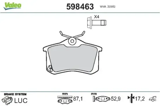 Bremsbelagsatz, Scheibenbremse Hinterachse VALEO 598463 Bild Bremsbelagsatz, Scheibenbremse Hinterachse VALEO 598463