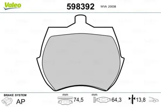 Bremsbelagsatz, Scheibenbremse Vorderachse VALEO 598392 Bild Bremsbelagsatz, Scheibenbremse Vorderachse VALEO 598392