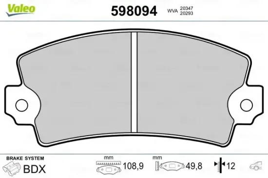 Bremsbelagsatz, Scheibenbremse Hinterachse VALEO 598094 Bild Bremsbelagsatz, Scheibenbremse Hinterachse VALEO 598094