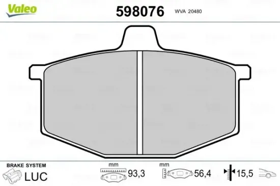 Bremsbelagsatz, Scheibenbremse Vorderachse VALEO 598076 Bild Bremsbelagsatz, Scheibenbremse Vorderachse VALEO 598076
