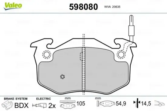 Bremsbelagsatz, Scheibenbremse Vorderachse VALEO 598080 Bild Bremsbelagsatz, Scheibenbremse Vorderachse VALEO 598080