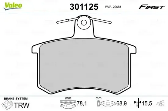 Bremsbelagsatz, Scheibenbremse Hinterachse VALEO 301125 Bild Bremsbelagsatz, Scheibenbremse Hinterachse VALEO 301125