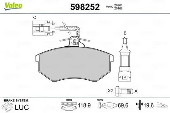 Bremsbelagsatz, Scheibenbremse Vorderachse VALEO 598252 Bild Bremsbelagsatz, Scheibenbremse Vorderachse VALEO 598252