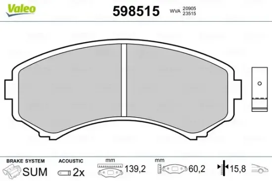 Bremsbelagsatz, Scheibenbremse Vorderachse VALEO 598515 Bild Bremsbelagsatz, Scheibenbremse Vorderachse VALEO 598515