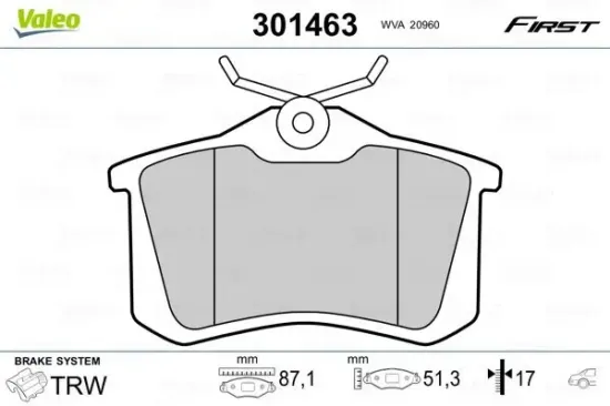 Bremsbelagsatz, Scheibenbremse Hinterachse VALEO 301463 Bild Bremsbelagsatz, Scheibenbremse Hinterachse VALEO 301463