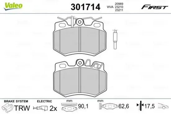 Bremsbelagsatz, Scheibenbremse Vorderachse VALEO 301714 Bild Bremsbelagsatz, Scheibenbremse Vorderachse VALEO 301714