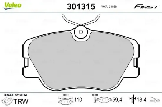 Bremsbelagsatz, Scheibenbremse Vorderachse VALEO 301315 Bild Bremsbelagsatz, Scheibenbremse Vorderachse VALEO 301315