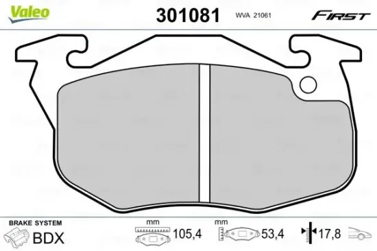 Bremsbelagsatz, Scheibenbremse Vorderachse VALEO 301081 Bild Bremsbelagsatz, Scheibenbremse Vorderachse VALEO 301081