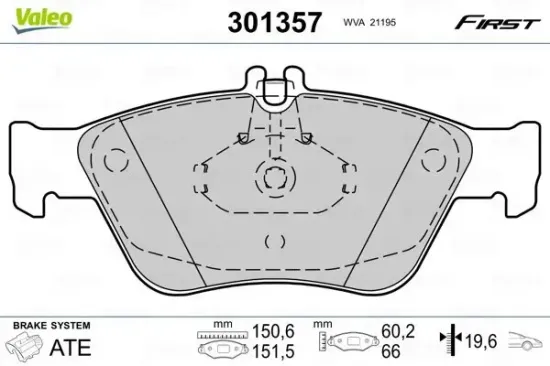 Bremsbelagsatz, Scheibenbremse Vorderachse VALEO 301357 Bild Bremsbelagsatz, Scheibenbremse Vorderachse VALEO 301357