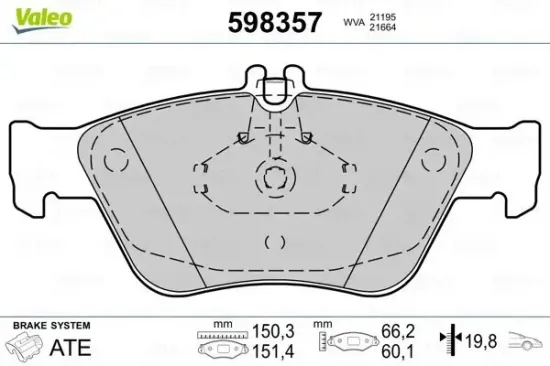 Bremsbelagsatz, Scheibenbremse Vorderachse VALEO 598357 Bild Bremsbelagsatz, Scheibenbremse Vorderachse VALEO 598357