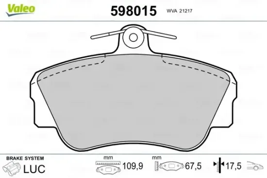 Bremsbelagsatz, Scheibenbremse Vorderachse VALEO 598015 Bild Bremsbelagsatz, Scheibenbremse Vorderachse VALEO 598015