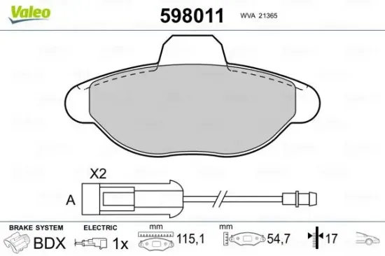 Bremsbelagsatz, Scheibenbremse Vorderachse VALEO 598011 Bild Bremsbelagsatz, Scheibenbremse Vorderachse VALEO 598011