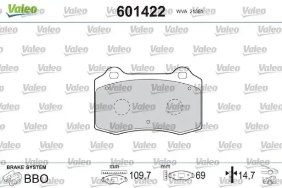Bremsbelagsatz, Scheibenbremse Vorderachse Hinterachse VALEO 601422 Bild Bremsbelagsatz, Scheibenbremse Vorderachse Hinterachse VALEO 601422