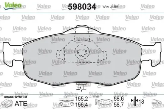 Bremsbelagsatz, Scheibenbremse Vorderachse VALEO 598034 Bild Bremsbelagsatz, Scheibenbremse Vorderachse VALEO 598034