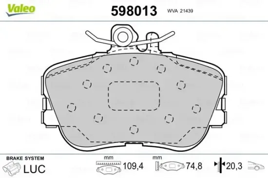 Bremsbelagsatz, Scheibenbremse Vorderachse VALEO 598013 Bild Bremsbelagsatz, Scheibenbremse Vorderachse VALEO 598013