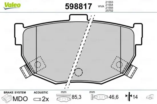 Bremsbelagsatz, Scheibenbremse Hinterachse VALEO 598817 Bild Bremsbelagsatz, Scheibenbremse Hinterachse VALEO 598817