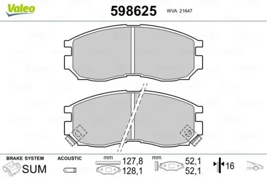 Bremsbelagsatz, Scheibenbremse VALEO 598625 Bild Bremsbelagsatz, Scheibenbremse VALEO 598625