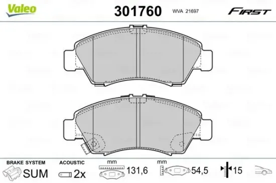 Bremsbelagsatz, Scheibenbremse Vorderachse VALEO 301760 Bild Bremsbelagsatz, Scheibenbremse Vorderachse VALEO 301760