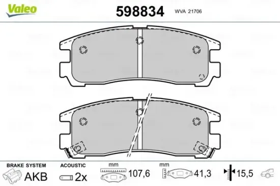 Bremsbelagsatz, Scheibenbremse Hinterachse VALEO 598834 Bild Bremsbelagsatz, Scheibenbremse Hinterachse VALEO 598834