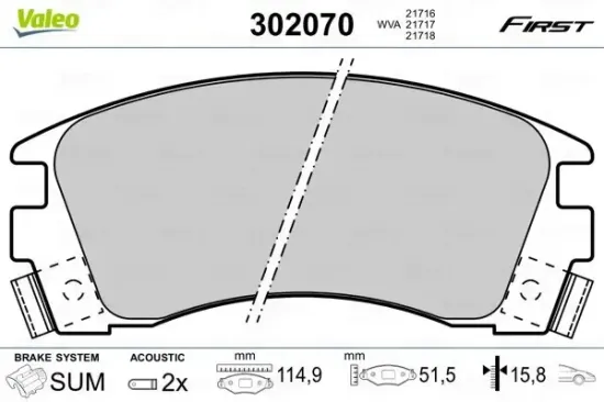 Bremsbelagsatz, Scheibenbremse Vorderachse VALEO 302070 Bild Bremsbelagsatz, Scheibenbremse Vorderachse VALEO 302070