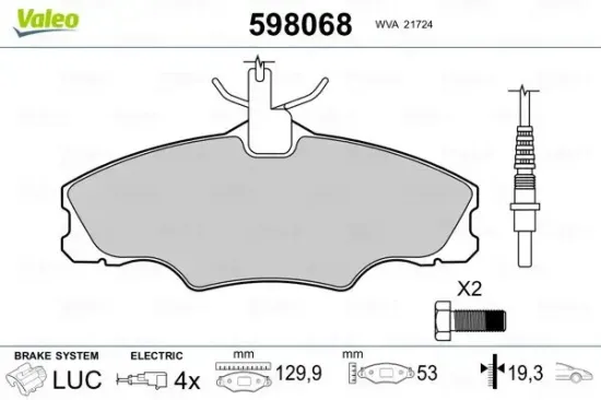 Bremsbelagsatz, Scheibenbremse Vorderachse VALEO 598068 Bild Bremsbelagsatz, Scheibenbremse Vorderachse VALEO 598068