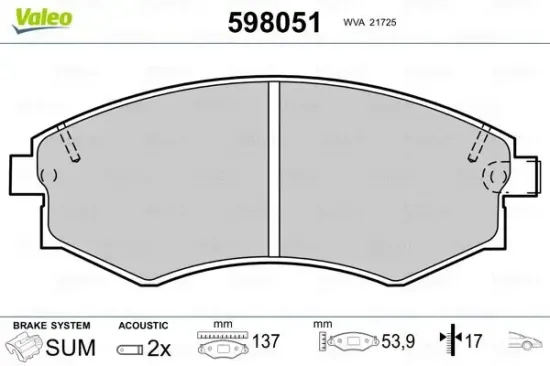 Bremsbelagsatz, Scheibenbremse Vorderachse VALEO 598051 Bild Bremsbelagsatz, Scheibenbremse Vorderachse VALEO 598051