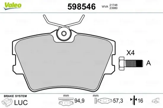 Bremsbelagsatz, Scheibenbremse Hinterachse VALEO 598546 Bild Bremsbelagsatz, Scheibenbremse Hinterachse VALEO 598546