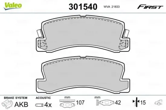 Bremsbelagsatz, Scheibenbremse Hinterachse VALEO 301540 Bild Bremsbelagsatz, Scheibenbremse Hinterachse VALEO 301540