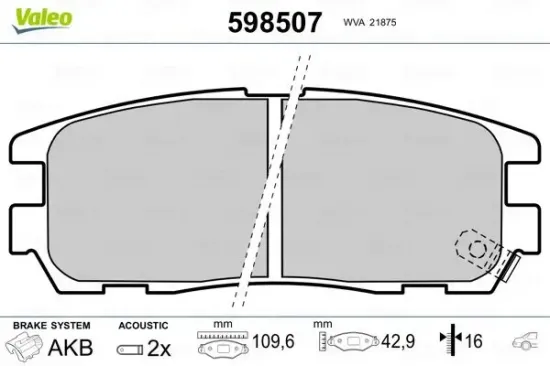 Bremsbelagsatz, Scheibenbremse Hinterachse VALEO 598507 Bild Bremsbelagsatz, Scheibenbremse Hinterachse VALEO 598507