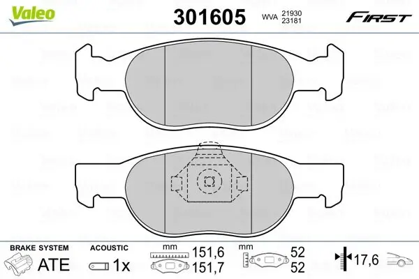 Bremsbelagsatz, Scheibenbremse Vorderachse VALEO 301605