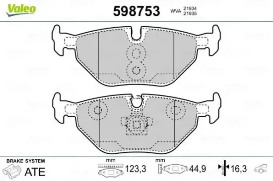 Bremsbelagsatz, Scheibenbremse Hinterachse VALEO 598753 Bild Bremsbelagsatz, Scheibenbremse Hinterachse VALEO 598753