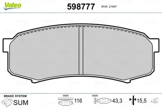 Bremsbelagsatz, Scheibenbremse Hinterachse VALEO 598777 Bild Bremsbelagsatz, Scheibenbremse Hinterachse VALEO 598777