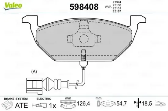 Bremsbelagsatz, Scheibenbremse Vorderachse VALEO 598408 Bild Bremsbelagsatz, Scheibenbremse Vorderachse VALEO 598408