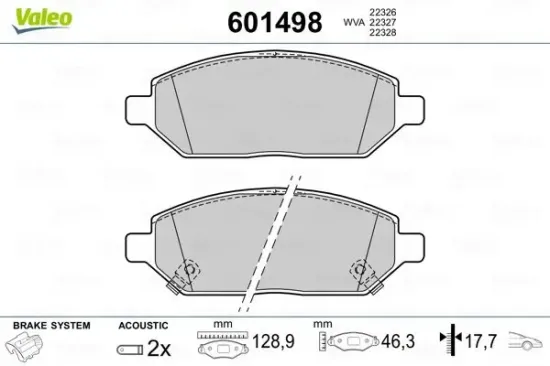 Bremsbelagsatz, Scheibenbremse Vorderachse VALEO 601498 Bild Bremsbelagsatz, Scheibenbremse Vorderachse VALEO 601498