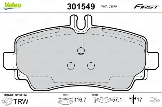 Bremsbelagsatz, Scheibenbremse Vorderachse VALEO 301549 Bild Bremsbelagsatz, Scheibenbremse Vorderachse VALEO 301549