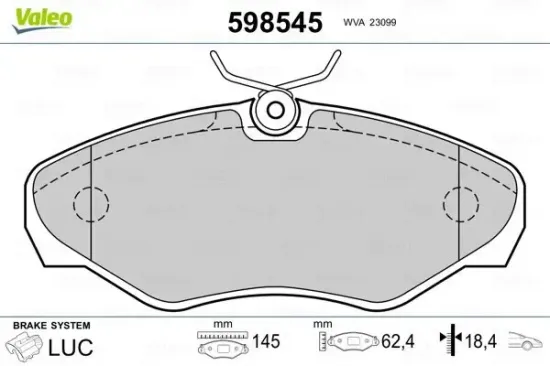 Bremsbelagsatz, Scheibenbremse Vorderachse VALEO 598545 Bild Bremsbelagsatz, Scheibenbremse Vorderachse VALEO 598545