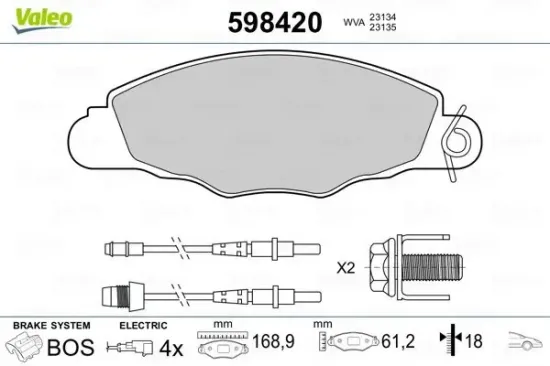 Bremsbelagsatz, Scheibenbremse Vorderachse VALEO 598420 Bild Bremsbelagsatz, Scheibenbremse Vorderachse VALEO 598420