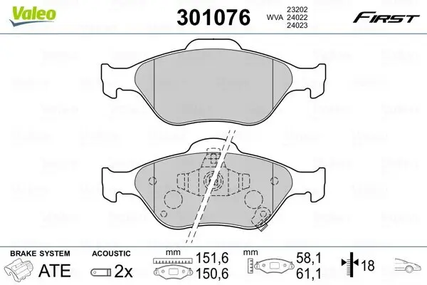 Bremsbelagsatz, Scheibenbremse VALEO 301076 Bild Bremsbelagsatz, Scheibenbremse VALEO 301076