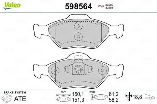 Bremsbelagsatz, Scheibenbremse Vorderachse VALEO 598564 Bild Bremsbelagsatz, Scheibenbremse Vorderachse VALEO 598564