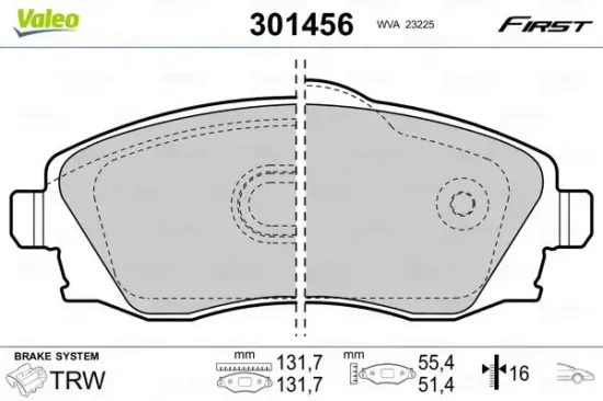 Bremsbelagsatz, Scheibenbremse Vorderachse VALEO 301456 Bild Bremsbelagsatz, Scheibenbremse Vorderachse VALEO 301456