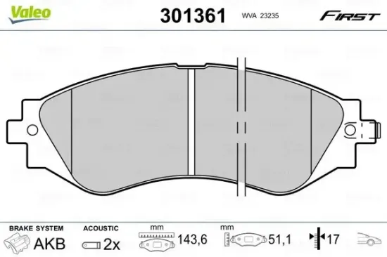 Bremsbelagsatz, Scheibenbremse Vorderachse VALEO 301361 Bild Bremsbelagsatz, Scheibenbremse Vorderachse VALEO 301361