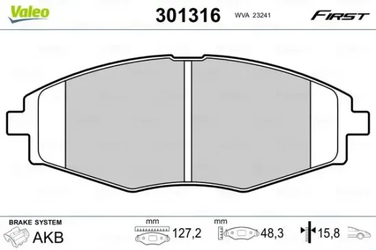 Bremsbelagsatz, Scheibenbremse Vorderachse VALEO 301316 Bild Bremsbelagsatz, Scheibenbremse Vorderachse VALEO 301316