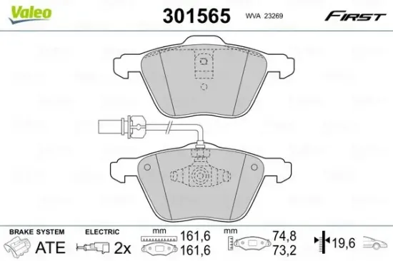 Bremsbelagsatz, Scheibenbremse Vorderachse VALEO 301565 Bild Bremsbelagsatz, Scheibenbremse Vorderachse VALEO 301565