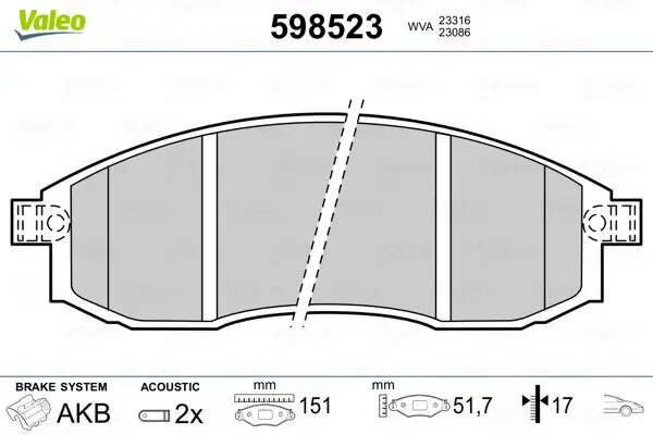 Bremsbelagsatz, Scheibenbremse Vorderachse VALEO 598523