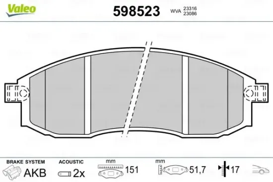 Bremsbelagsatz, Scheibenbremse Vorderachse VALEO 598523 Bild Bremsbelagsatz, Scheibenbremse Vorderachse VALEO 598523