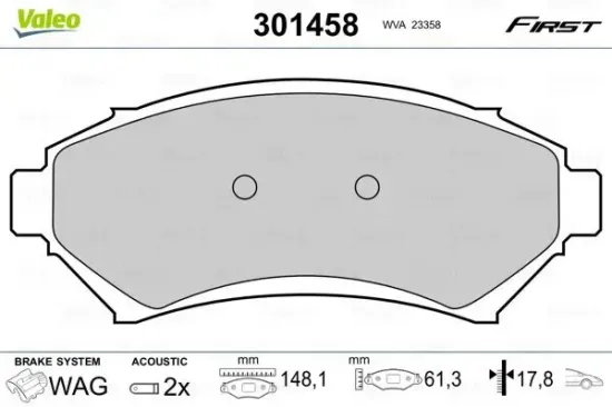 Bremsbelagsatz, Scheibenbremse Vorderachse VALEO 301458 Bild Bremsbelagsatz, Scheibenbremse Vorderachse VALEO 301458