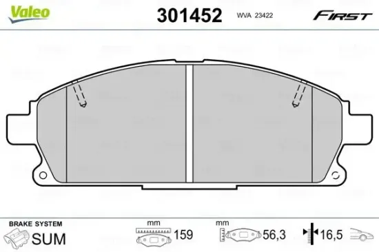 Bremsbelagsatz, Scheibenbremse Vorderachse VALEO 301452 Bild Bremsbelagsatz, Scheibenbremse Vorderachse VALEO 301452