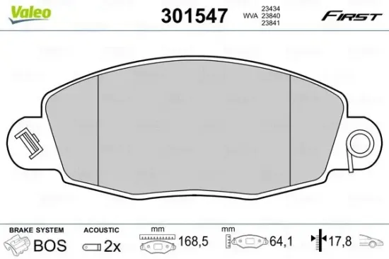 Bremsbelagsatz, Scheibenbremse Vorderachse VALEO 301547 Bild Bremsbelagsatz, Scheibenbremse Vorderachse VALEO 301547