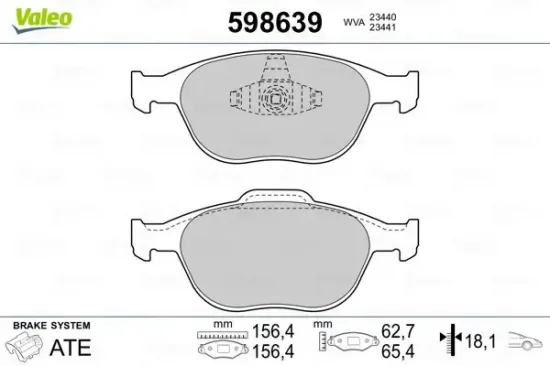 Bremsbelagsatz, Scheibenbremse Vorderachse VALEO 598639 Bild Bremsbelagsatz, Scheibenbremse Vorderachse VALEO 598639